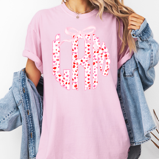 Pink Heart Bow Monogram Shirt – Custom Initial Graphic Tee