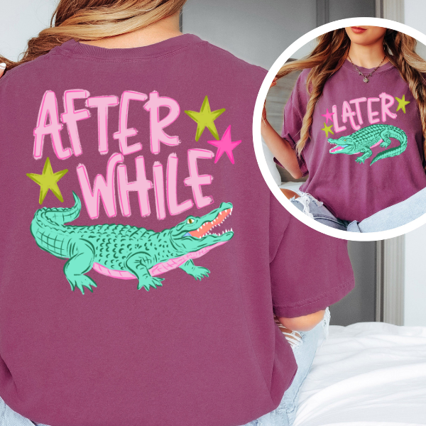 After While Later Graphic Tee – Funny Retro Alligator Shirt, Trendy Summer Back Print Tee
