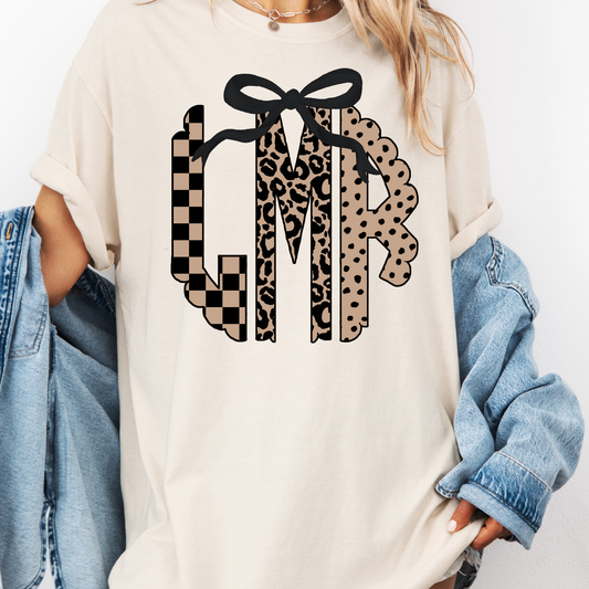 Custom Monogram Shirt with Bow, Leopard Initial Tee, Personalized Graphic Shirt Women