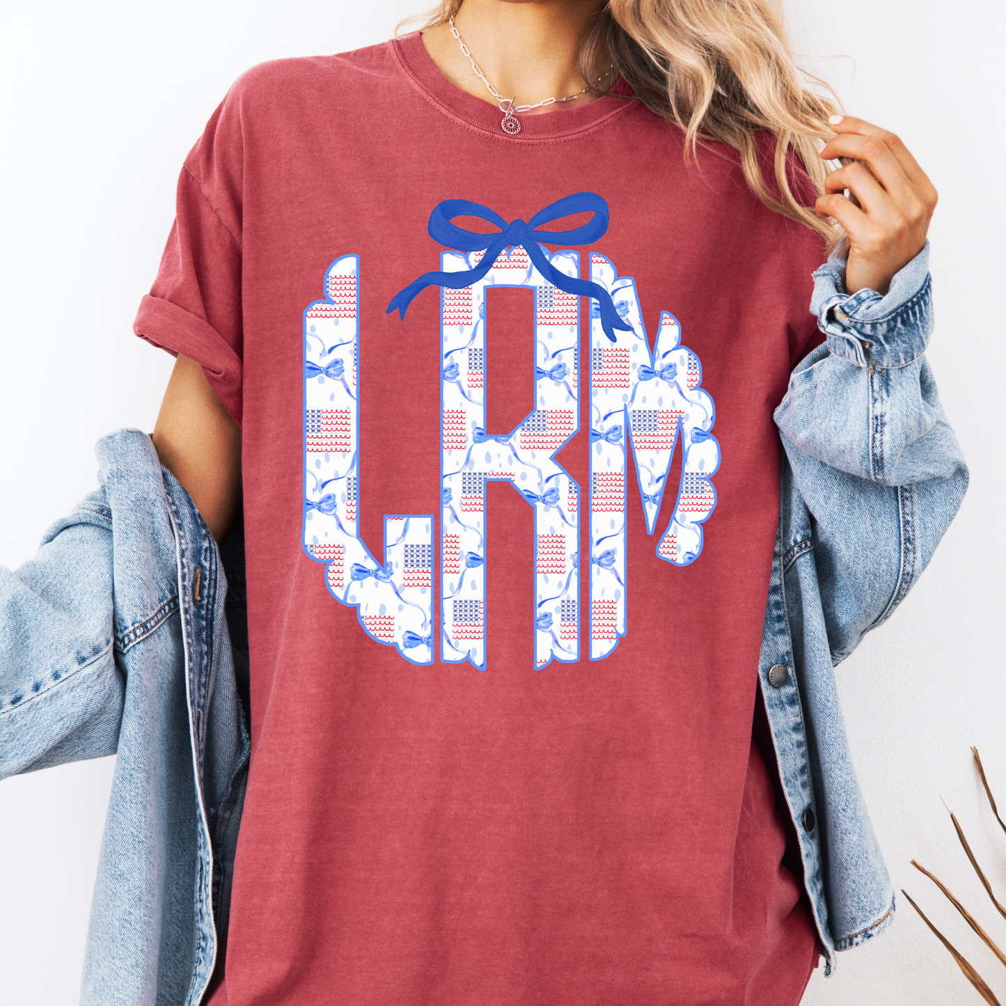 Custom Patriotic Monogram Shirt, American Flag Initial Tee, 4th of July Personalized Shirt, Red White Blue Bow Shirt