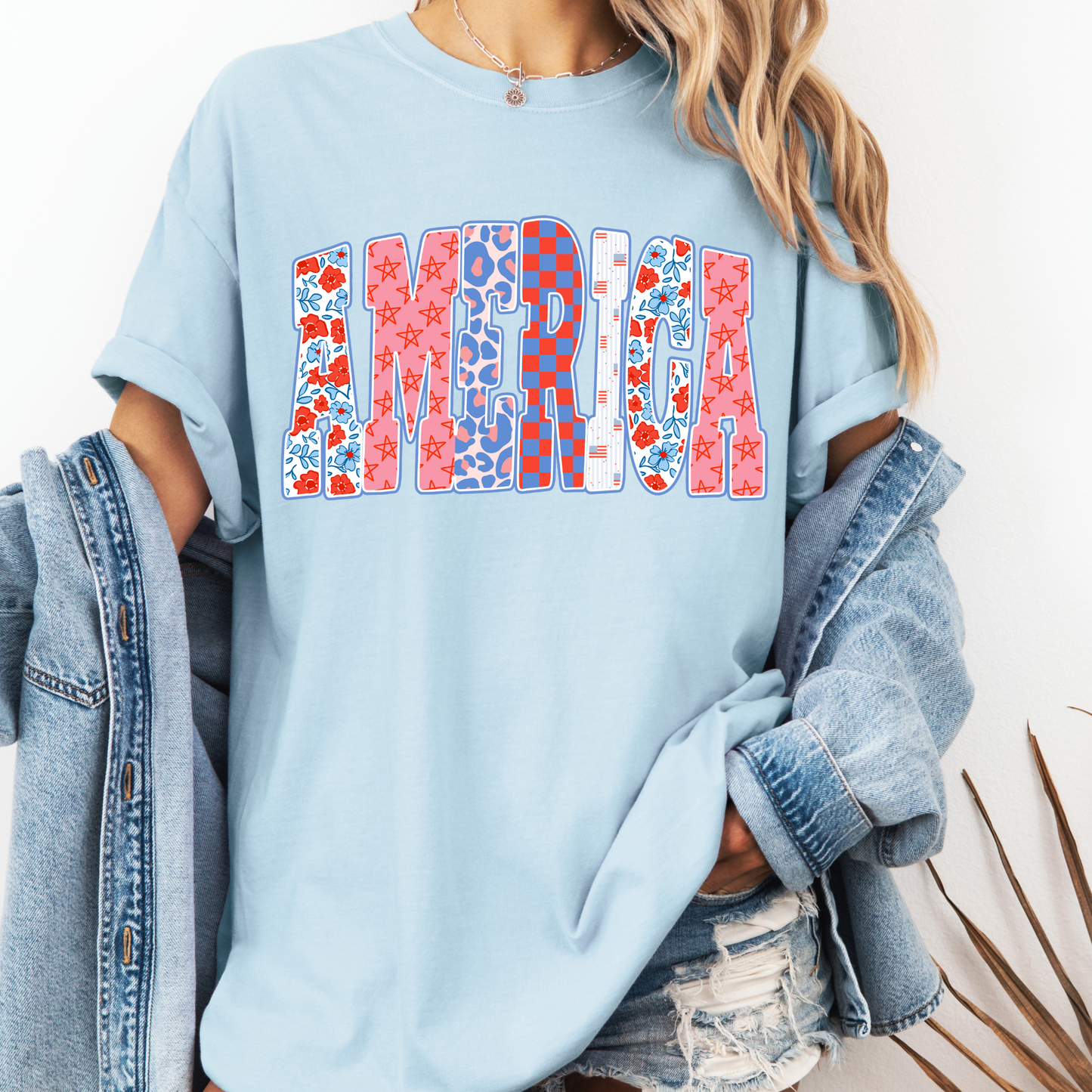 America Pattern Shirt, Patriotic Patchwork Tee, 4th of July Graphic Shirt, Trendy USA Shirt, Cute America Tee