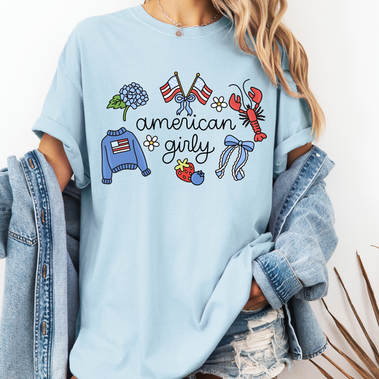 American Girly Shirt, Coquette 4th of July Tee, Cute Patriotic Shirt, Girly USA Graphic Tee, Preppy Summer Shirt