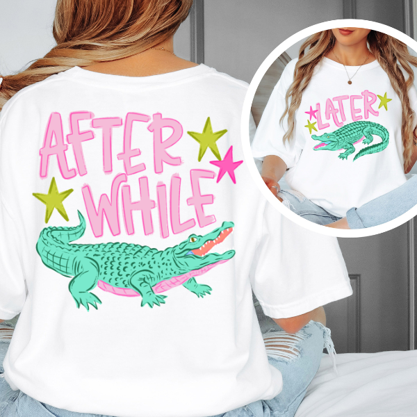 After While Later Graphic Tee – Funny Retro Alligator Shirt, Trendy Summer Back Print Tee