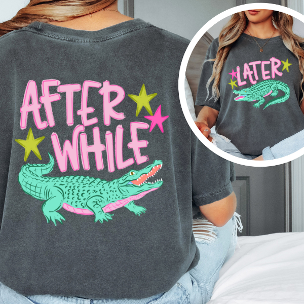 After While Later Graphic Tee – Funny Retro Alligator Shirt, Trendy Summer Back Print Tee