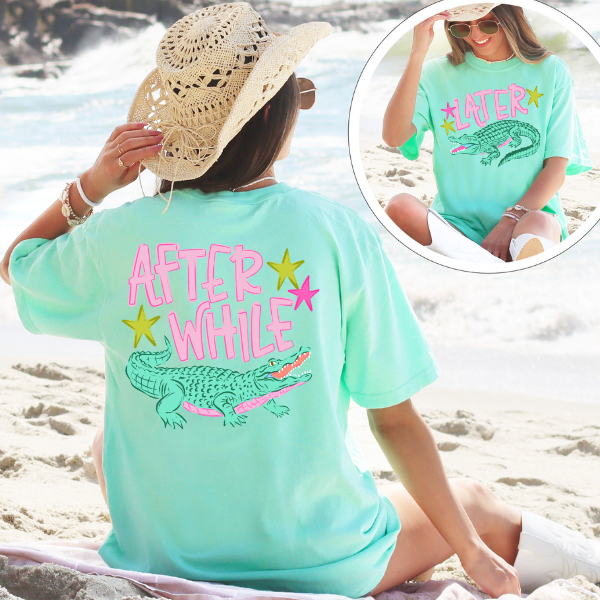 After While Later Graphic Tee – Funny Retro Alligator Shirt, Trendy Summer Back Print Tee