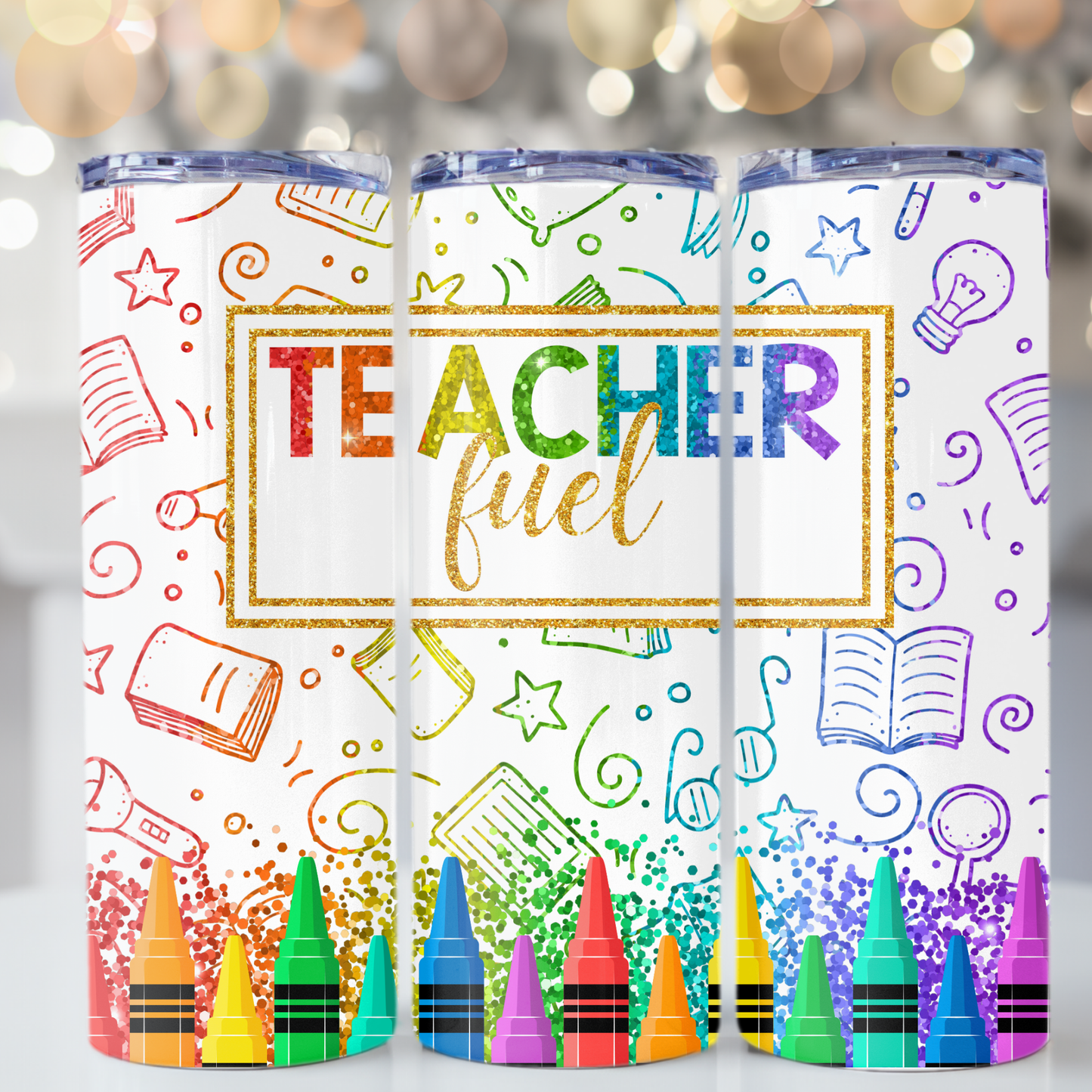 Teacher Fuel Rainbow Glitter 20oz Skinny Tumbler | Teacher Gift | Back to School Cup | Crayon Design