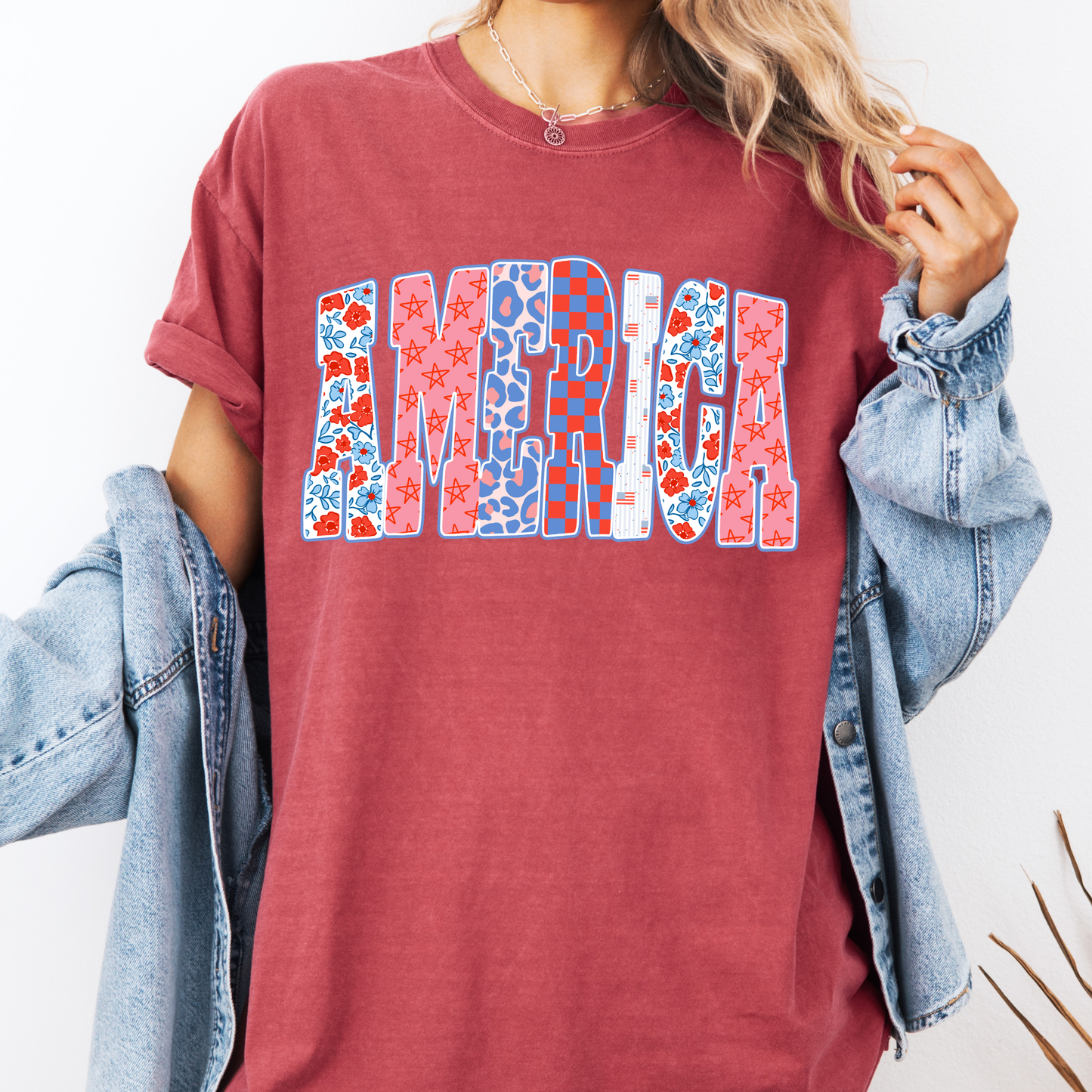 America Pattern Shirt, Patriotic Patchwork Tee, 4th of July Graphic Shirt, Trendy USA Shirt, Cute America Tee