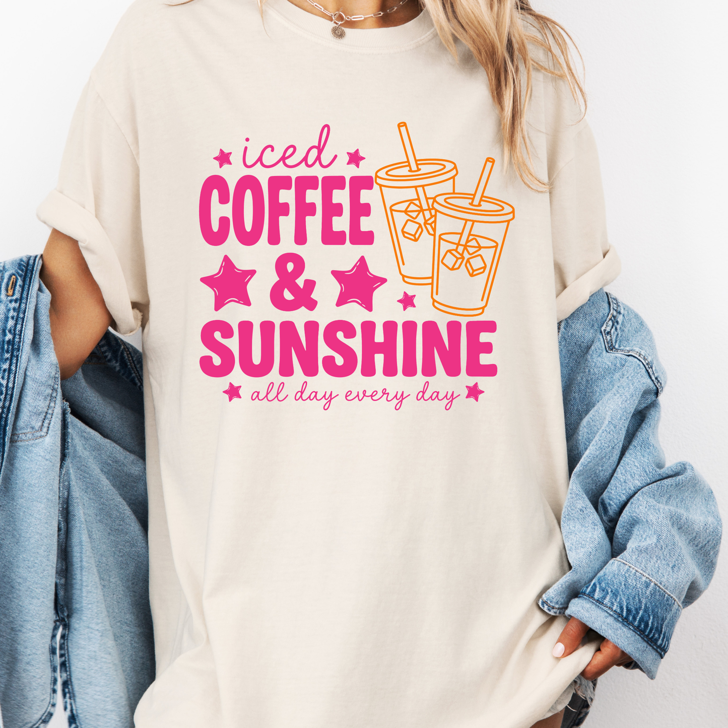 Iced Coffee & Sunshine Shirt, Summer Coffee Lover Tee, Cute Iced Coffee Graphic Tee, Pink Aesthetic Shirt, Coffee Lover Gift, Trendy Summer T-Shirt