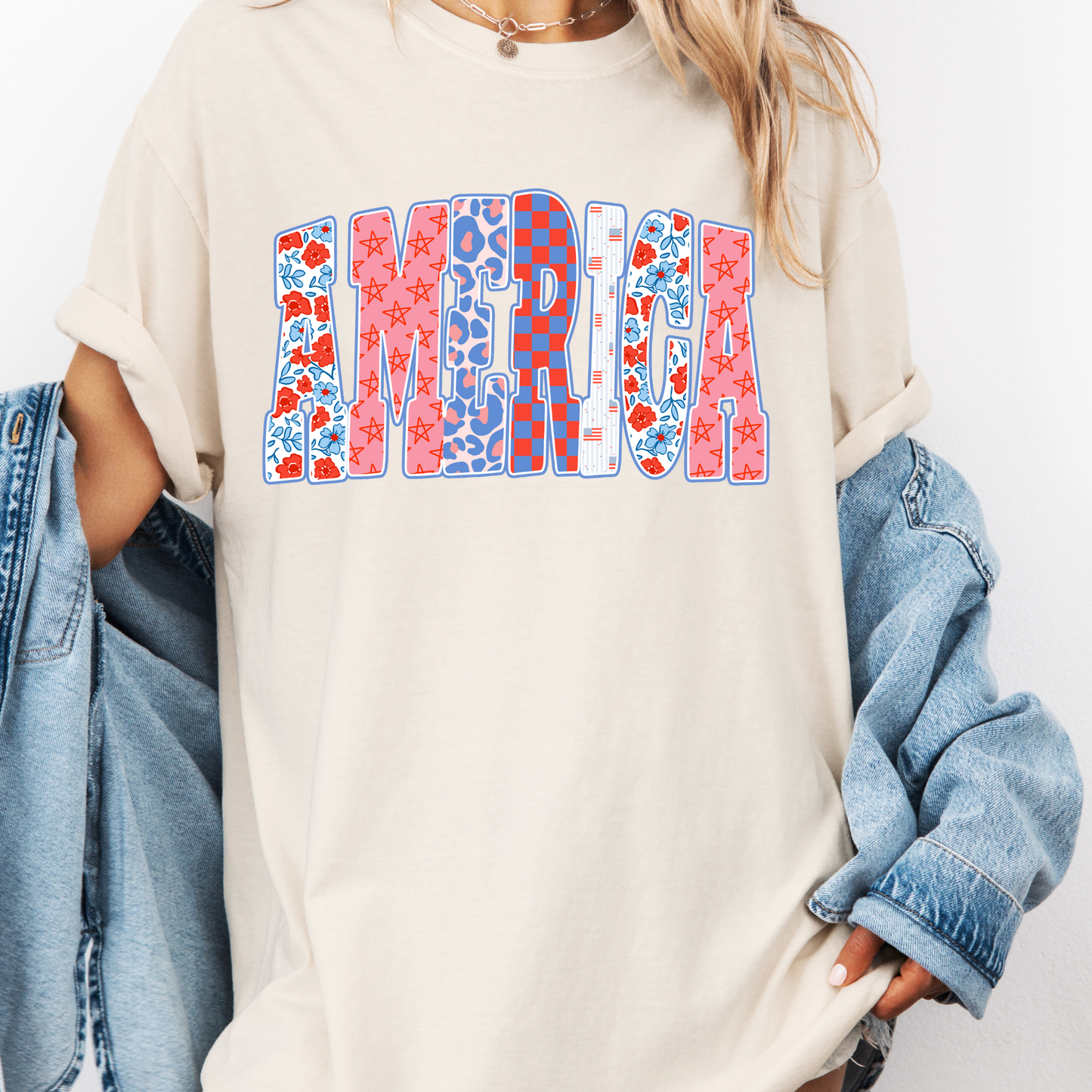 America Pattern Shirt, Patriotic Patchwork Tee, 4th of July Graphic Shirt, Trendy USA Shirt, Cute America Tee