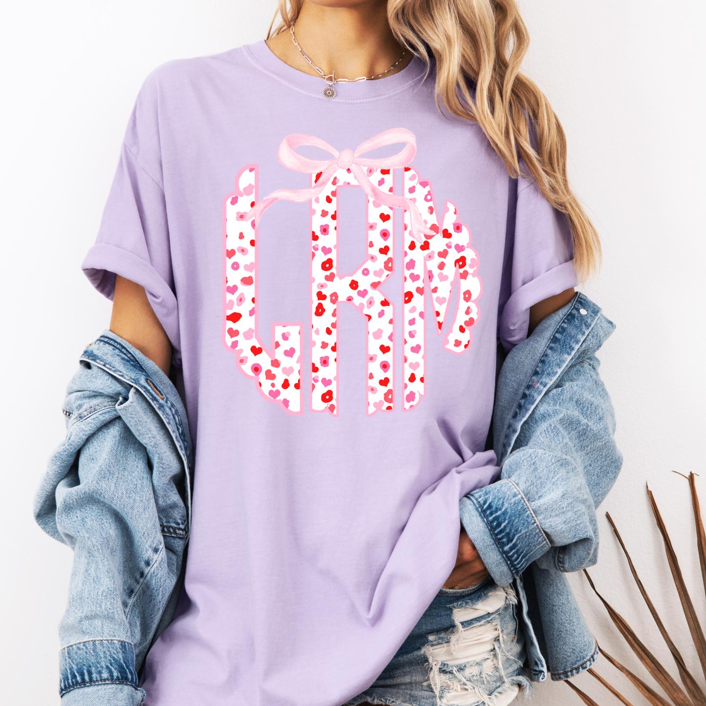 Pink Heart Bow Monogram Shirt – Custom Initial Graphic Tee