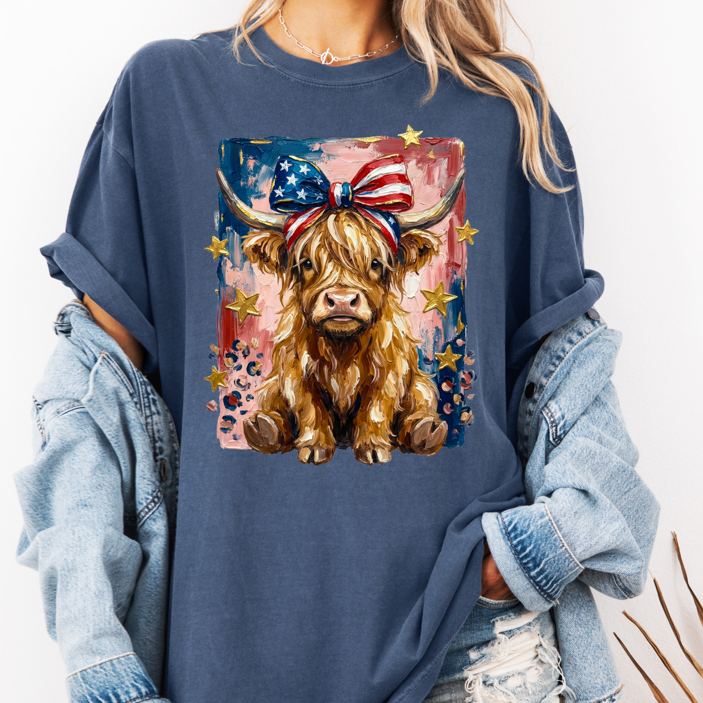 Patriotic Highland Cow Shirt, 4th of July Cow Tee, Cute Farm Animal Shirt, USA Cowgirl Shirt, Western Patriotic Tee