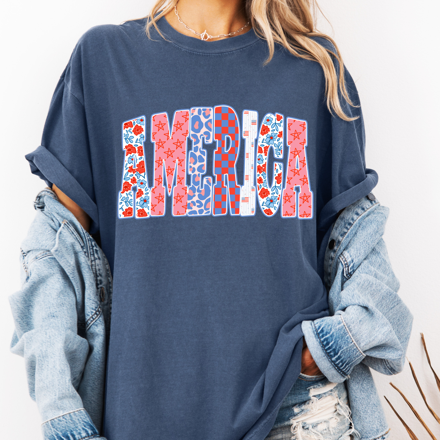 America Pattern Shirt, Patriotic Patchwork Tee, 4th of July Graphic Shirt, Trendy USA Shirt, Cute America Tee