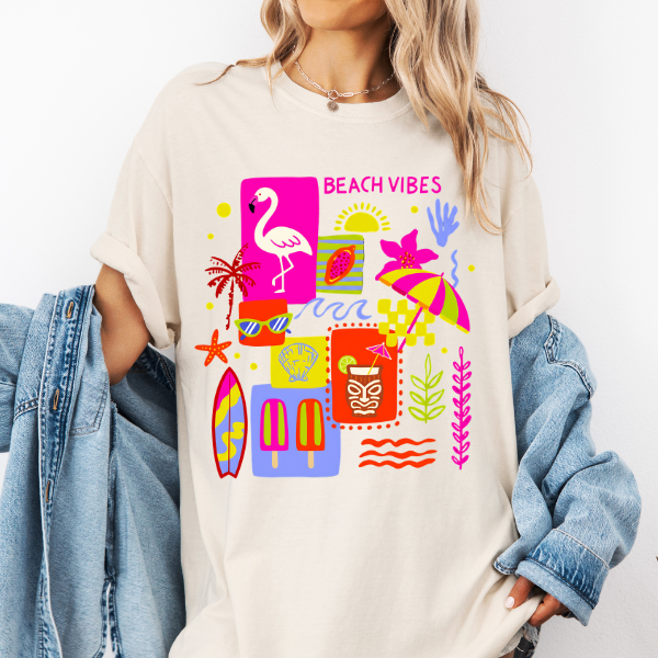 Beach Vibes Graphic Tee – Colorful Summer Shirt, Tropical Flamingo Tee, Cute Vacation Outfit