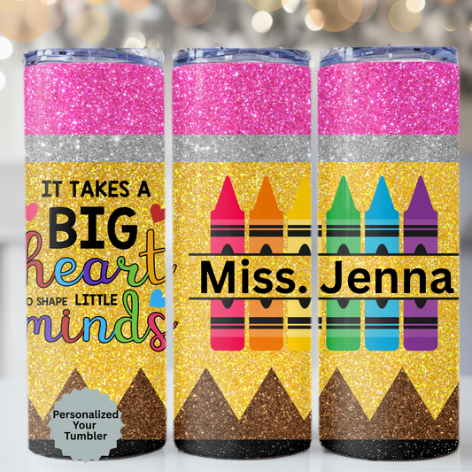 Personalized Teacher Glitter Crayon Tumbler – Custom Name 20oz Cup-Teacher Gifts