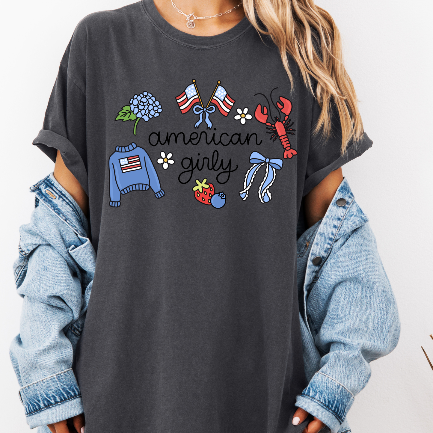 American Girly Shirt, Coquette 4th of July Tee, Cute Patriotic Shirt, Girly USA Graphic Tee, Preppy Summer Shirt