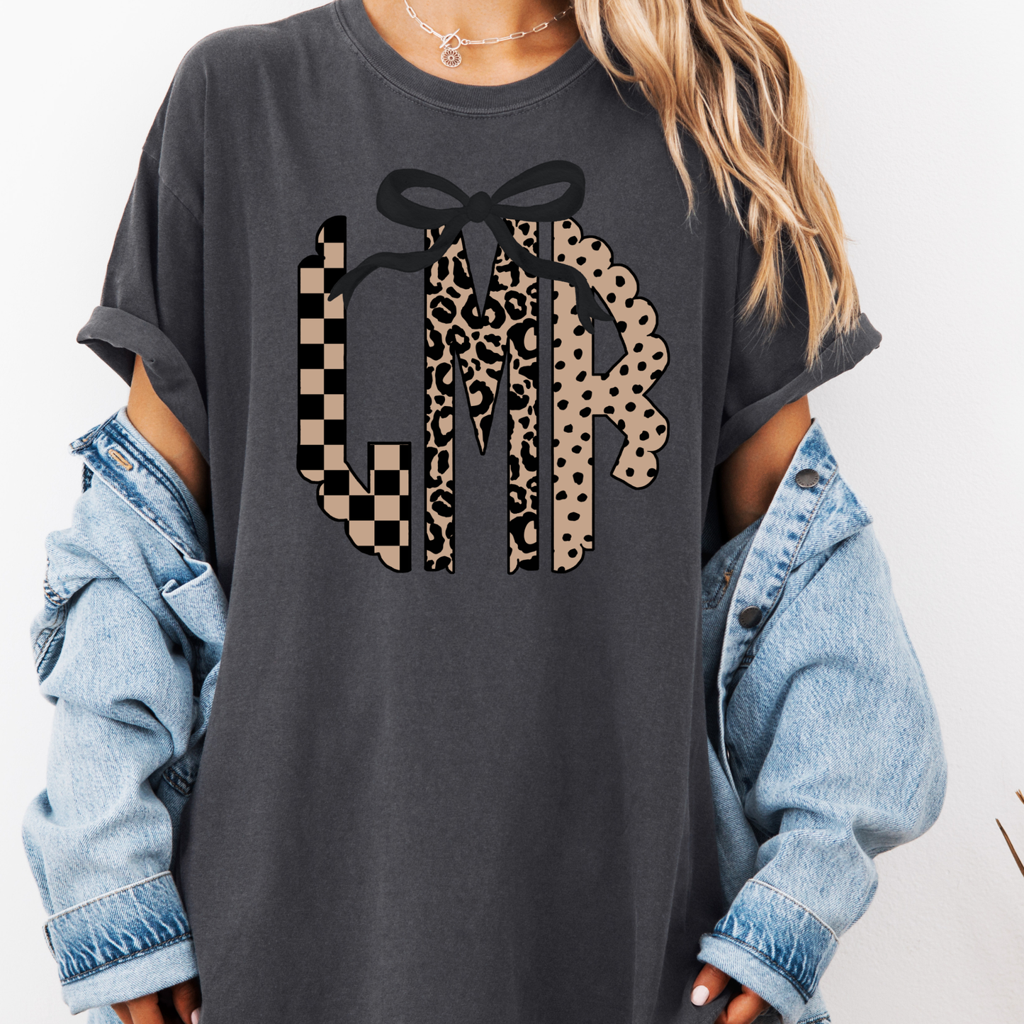 Custom Monogram Shirt with Bow, Leopard Initial Tee, Personalized Graphic Shirt Women