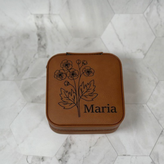 Personalized Leather Jewelry Box – Custom Engraved Floral Travel Jewelry Case