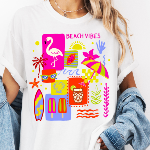 Beach Vibes Graphic Tee – Colorful Summer Shirt, Tropical Flamingo Tee, Cute Vacation Outfit