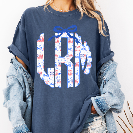 Custom Patriotic Monogram Shirt, American Flag Initial Tee, 4th of July Personalized Shirt, Red White Blue Bow Shirt