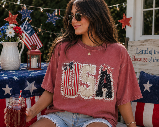 Rhinestone USA Patchwork Shirt – Patriotic Bow Graphic Tee