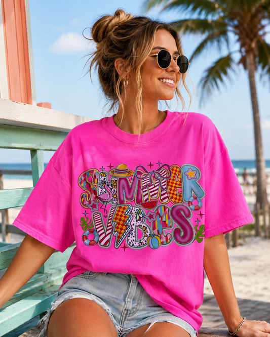 Rhinestone Summer Vibes Shirt – Bright Pink Beach Graphic Tee