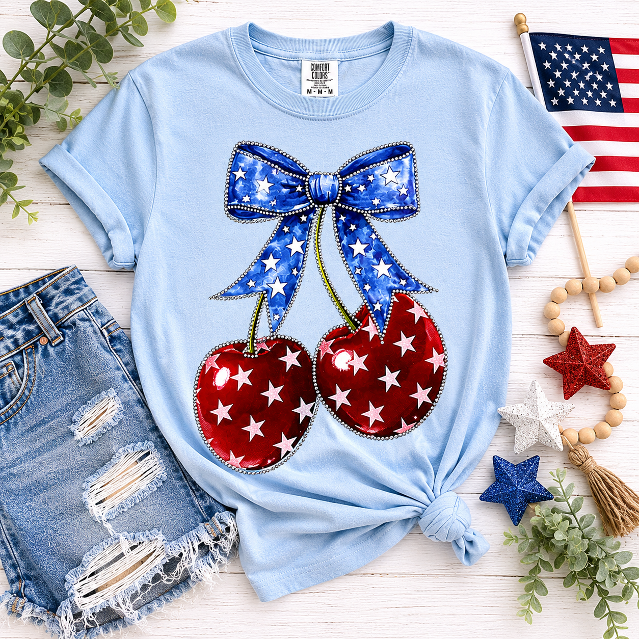 Rhinestone America Cherry Shirt – Cute Patriotic Coquette Tee